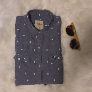 sold. Polka dot chambray button up
